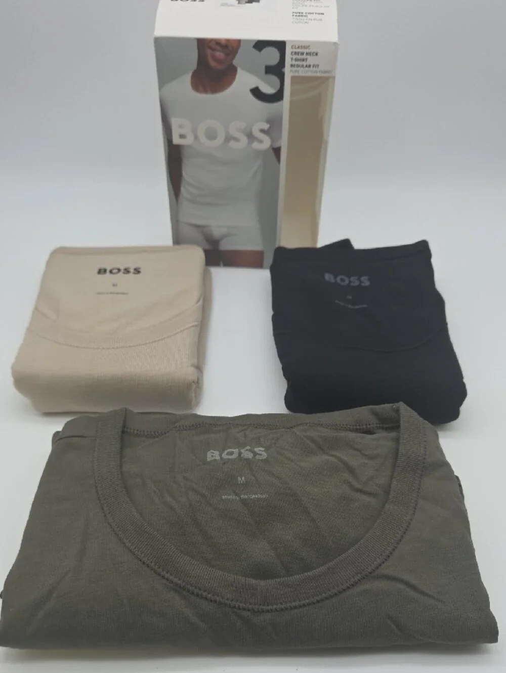 Boss 3-Pack Crew Neck T-Shirts in  Beige, Black And Green.